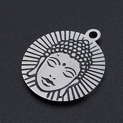 Stainless Steel Color 201 Stainless Steel Etched Pendants, Flat Round with Joss, Stainless Steel Color, 22x19x1.5mm, Hole: 1.8mm