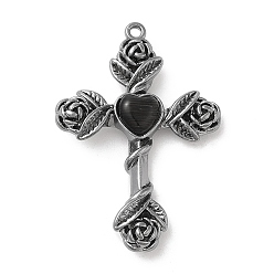 Black Alloy with Glass Pendants, Cross with Rose Charms, Gunmetal, Black, 35x25x5mm, Hole: 1.4mm