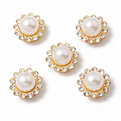 Blanco Flor coser en pedrería, Enlaces multifilares, con ABS imitación perla y engastes de hierro en tono dorado, accesorios de prendas de vestir, blanco, 16x11.5 mm, agujero: 1.6x4.5 mm