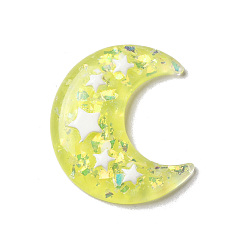 Champagne Yellow Translucent Resin Cabochons, Moon with Star Paillette, Champagne Yellow, 36x32.5x6mm