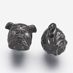 Gunmetal Brass Micro Pave Cubic Zirconia Puppy Beads, Bulldog Head, Gunmetal, 11.5x13.5x11mm, Hole: 1.5mm