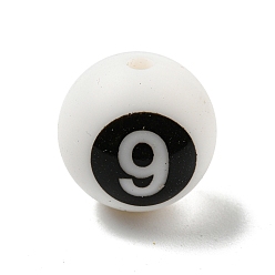 Blanc Rond avec chiffre noir 9 perles en silicone, perles à mâcher pour les jouets de dentition, Diy soins infirmiers colliers faisant, blanc, 14.5~15x14.5mm, Trou: 2mm