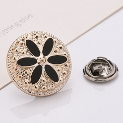 Black Plastic Brooch, Alloy Pin, with Enamel, for Garment Accessories, Round with Flower, Black, 18mm