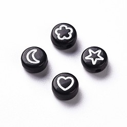 Noir Perles acryliques opaques, plat rond avec coeur blanc & fleur & lune & étoile, noir, 7x4mm, Trou: 1.6mm