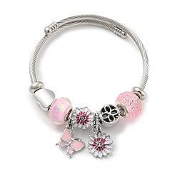 Flower Stainless Steel European Bracelet, Charm Bracelet for Women, Flower, Inner Diameter: 2-3/8~2-3/4 inch(6~7cm)