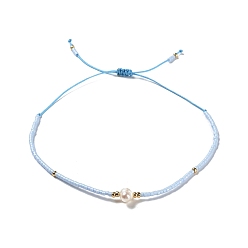 Cornflower Blue Glass Imitation Pearl & Seed Braided Bead Bracelets, Adjustable Bracelet, Cornflower Blue, 11 inch(28cm)