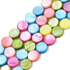 Coloré Chapelets de perles en coquille eau douce , teint, plat rond, colorées, 8x2.5~3.5mm, Trou: 0.8mm, Environ 50~51 pcs/chapelet, 15.35 pouces~15.75 pouces (39cm~40cm)