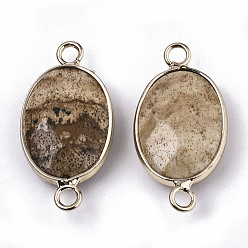 Picture Jasper Natural Picture Jasper Links Connectors, with Light Gold Tone Brass Findings, Oval, Faceted, 27.5x14.5x6mm, Hole: 2mm