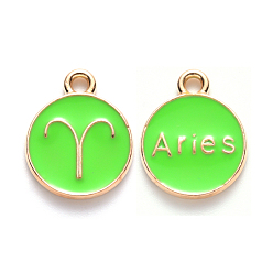 Aries Alloy Enamel Pendants, Cadmium Free & Lead Free, Flat Round with Constellation, Light Gold, Pale Green, Aries, 22x18x2mm, Hole: 1.5mm