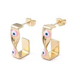 Pearl Pink Brass Enamel Evil Eye Stud Earrings, with Ear Nuts, Real 18K Gold Plated Twist Earrings for Women Girls, Pearl Pink, 24x12mm, Pin: 1mm