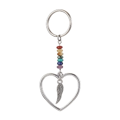 Wing Heart Alloy Pendant Keychain, with Chakra Gemstone Chip and Iron Split Key Rings, Wing, 7.4cm