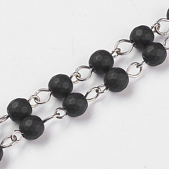 Black Stone Synthetic Black Stone Handmade Beaded Chains, Unwelded, with Platinum Plated Iron Eye Pin, Faceted Round, 14x6~7mm, 39.37 inch(1m)/strand, about 83pcs/m