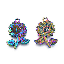 Rainbow Color Ion Plating(IP) 201 Stainless Steel Pendants, Sunflower, Rainbow Color, 26x18x2.5mm, Hole: 2mm
