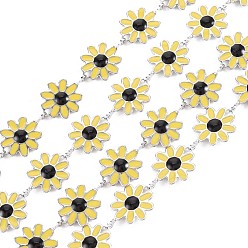 Yellow 304 Stainless Steel Sunflower Link Chains, with Enamel, Real 18K Gold Plated, Soldered, Yellow, 13x10x1mm, about 3.28 Feet(1m)/Strand