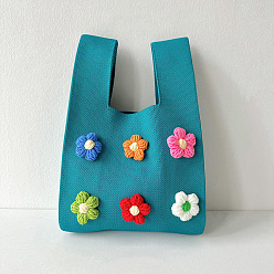 Dark Turquoise Polyester 3D Flower Knitted Tote Bags, Cartoon Crochet Handbags for Women, Dark Turquoise, 34x21cm