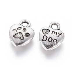 Antique Silver Tibetan Style Alloy Charm Enamel Settings, Heart Carved Word My Dog, Cadmium Free & Lead Free, Antique Silver, 13x10x3mm, Hole: 2mm, about 980pcs/1000g
