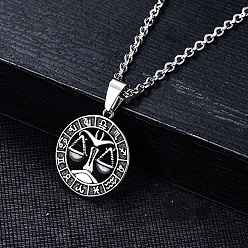 Libra Stainless Steel Pendants, Stainless Steel Color, Flat Round with Constellation Charm, Libra, 28x25mm