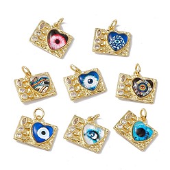 Mixed Color Brass Micro Pave Clear Cubic Zirconia Pendants, Rectangle with Heart Charm, with Eye Resin and Jump Rings, Lead Free & Cadmium Free, Real 18K Gold Plated, Mixed Color, 16x18.5x4.5mm, Hole: 4mm