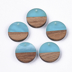 Turquoise Foncé Pendentifs en bois de résine et de noyer, plat rond, turquoise foncé, 18x3.5mm, Trou: 1.5mm