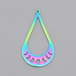 Rainbow Color Ion Plating(IP) 201 Stainless Steel Pendants, Laser Cut, Teardrop with Phase of the Moon, Rainbow Color, 39x21.5x1mm, Hole: 1.5mm