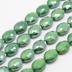 Green Electroplate Glass Beads Strands, Pearl Luster Plated, Faceted Oval, Green, 16x12x7mm, Hole: 1mm, about 20pcs/strand, 11.8 inch