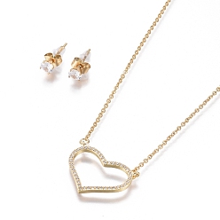 Golden 304 Stainless Steel Jewelry Sets, Brass Micro Pave Cubic Zirconia Pendant Necklaces and 304 Stainless Stud Earrings, with Plastic Ear Nuts/Earring Back, Heart, Clear, Golden, 18.7 inch(47.5cm), 1.5mm, 15x5.5mm, Pin: 0.7mm