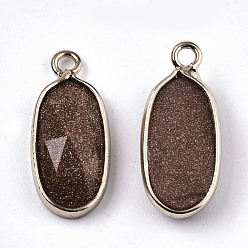 Goldstone Synthetic Goldstone Pendants, with Light Gold Plated Brass Edge and Loop, Oval, Faceted, 18x8x4mm, Hole: 1.6mm