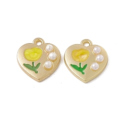 Jaune Pendentifs en plastique imitation perle abs, avec apprêts en alliage doré et émail, coeur avec breloque fleur, jaune, 15x14x4mm, Trou: 1.6mm