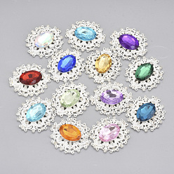 Mixed Color Alloy Cabochons, with Acrylic Rhinestone and Glass Rhinestone, Faceted, Flower, Silver, Mixed Color, 32.5x29x6mm