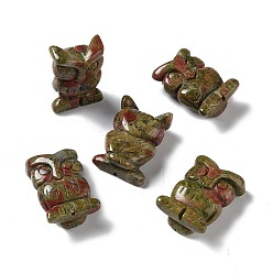 Unakita Figuras curativas de búho natural unakite., decoraciones de exhibición de piedra de energía reiki, para el hogar adorno de feng shui, 19~19.5x10.5~11x26~26.5 mm