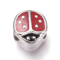 Stainless Steel Color 304 Stainless Steel European Beads, with Enamel, Large Hole Beads, Ladybug, Red, Stainless Steel Color, 11x10x8.5mm, Hole: 5mm