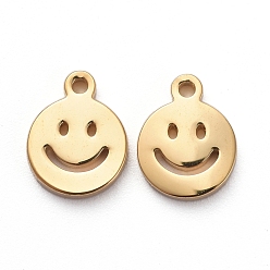 Golden Vacuum Plating 304 Stainless Steel Charms, Cut-Out, Manual Polishing, Hollow, Flat Round with Smile, Golden, 8x6x1mm, Hole: 0.8mm