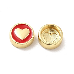 Rouge Perles d'émail en laiton plaqué or véritable 18k, plat et circulaire avec coeur, rouge, 11x4.5mm, Trou: 2mm