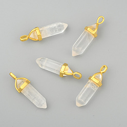 Cristal de Quartz Pendentifs à facettes en cristal quartz naturel, pendentifs en cristal de roche, avec pendentif en alliage aléatoire, or, balle, 37~40x12.5x10mm, Trou: 3x4.5mm