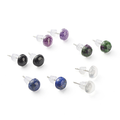 Mixed Stone Half Round Natural Mixed Gemstone Stud Earrings for Girl Women, 304 Stainless Steel Earrings, Stainless Steel Color, 8mm, Pin: 0.6mm