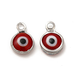 FireBrick 304 Stainless Steel with Glass Enamel Charms, Stainless Steel Color, Flat Round with Evil Eye Pattern, FireBrick, 9.5x6.5x2.5mm, Hole: 1.6mm