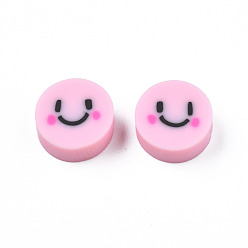 Pearl Pink Handmade Polymer Clay Beads, Flat Round with Expression, Pearl Pink, 9~10x4~5mm, Hole: 1.6mm