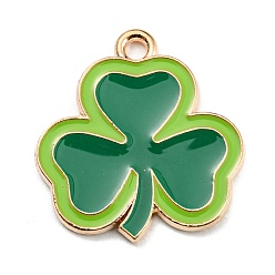 Green Saint Patrick's Day Alloy Enamel Pendants, Light Gold, Clover Charm, Green, 22x20.5x1.5mm, Hole: 2mm