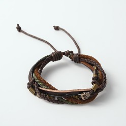 Brun De Noix De Coco Bracelets multi-brin rétro réglables, 6 brin ß cordon en cuir bracelets avec des perles de bois, alliage d'argent antique et cordon ciré, crane, brun coco, 56mm