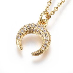 Golden 304 Stainless Steel Pendant Necklaces, with Cubic Zirconia, Double Horn/Crescent Moon, Clear, Golden, 17.71 inch(45cm)