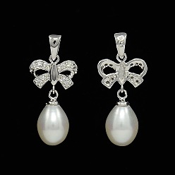Platinum Bowknot and Teardrop Rhodium Plated 925 Sterling Silver Pearl Pendants, with Micro Pave Cubic Zirconia, Platinum, 27x12x7mm, Hole: 5x3mm