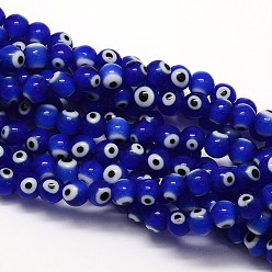 Bleu Main au chalumeau mauvais œil rondes rangées de perles, bleu, 10mm, Trou: 1mm, Environ 39 pcs/chapelet, 14.96 pouce
