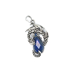 Lapis Lazuli Natural Lapis Lazuli Brass Pendants, Flying Dragon Charms with Faceted Teardrop Gems, Antique Silver, 38x22x6mm