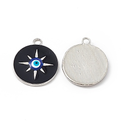 Black Alloy Pendants, with Enamel, Flat Round with Sun Charm, Platinum, Black, 24x20.5x2mm, Hole: 2.3mm
