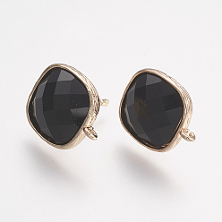 Black Brass Micro Pave Cubic Zirconia Stud Earring Findings, with Loop, Glass, Faceted, Square, Light Gold, Black, 17mm, Hole: 1mm, Pin: 0.7mm