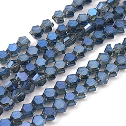 AceroAzul Abalorios de vidrio electrochapa, chapado en arco iris , facetados, hexágono, acero azul, 6x7x4 mm, agujero: 1.2 mm, sobre 100 unidades / cadena, 20.87 pulgada (53 cm)
