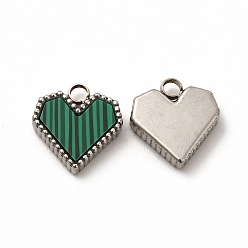 Stainless Steel Color Synthetic Malachite Dyed Heart Charms, with 304 Stainless Steel Findings, Stainless Steel Color, 12x11x3mm, Hole: 2mm