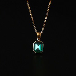 Green Glass Rectangle Pendant Necklace with Golden Stainless Steel Chains, Green, 17.72 inch(45cm)