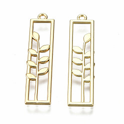 Light Gold Rack Plating Alloy Pendants, Cadmium Free & Lead Free, Hollow, Rectangle with Flower, Light Gold, 34x8x1mm, Hole: 1.5mm