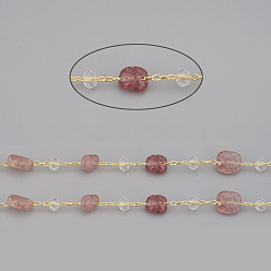 Quartz Fraise Chaînes de perles de quartz fraises naturelles faites à la main, avec perles de verre rondelles et chaînes forçat en laiton, plaqué longue durée, non soudée, avec bobine, nuggets, or, lien: 2x1.5x0.3 mm, pierres fines perles: 6~12x6~6.5x4~4.5 mm, perles de verre: 4x3 mm, environ 32.8 pieds (10 m)/rouleau
